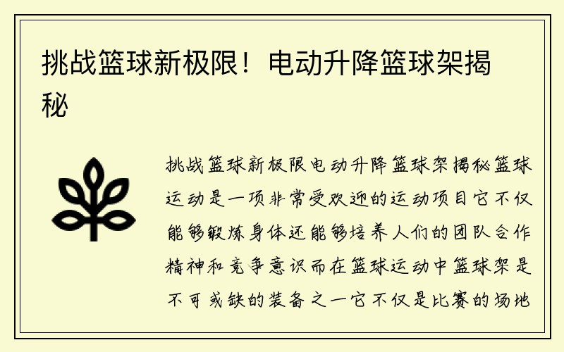 挑战篮球新极限！电动升降篮球架揭秘